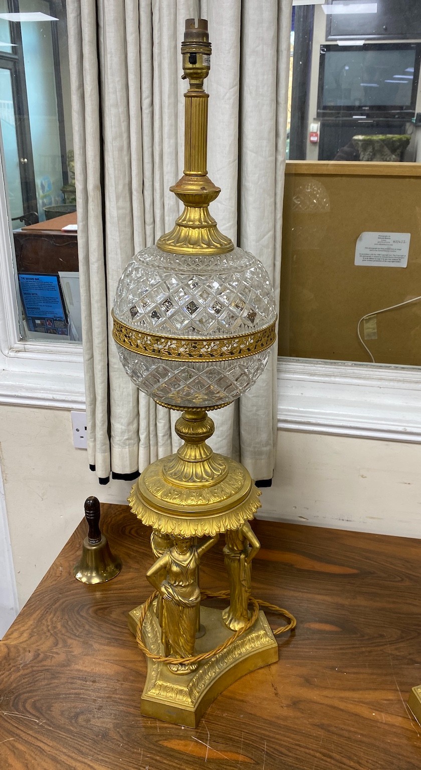A pair of Victorian style gilt metal and glass table lamps with classical female figural bases, height 86cm